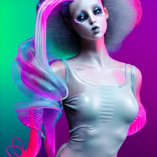 Prompt: Vass Roland cover art body art electronic ballerina arms up softcore hand goth chick behind head pose future bass girl unwrapped dress smooth body unfolds statue bust curls of hair petite lush front and side view body photography model full body curly jellyfish lips art contrast vibrant futuristic fabric skin jellyfish material metal veins style of Jonathan Zawada, Thisset colours simple background objective