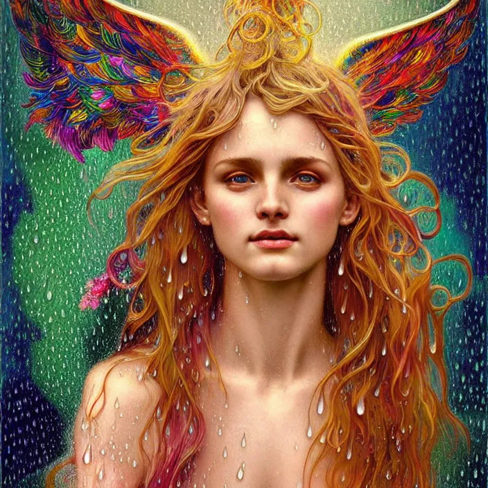 Image similar to bright psychedelic angel portrait with rain on face and wet hair, smiling, diffuse lighting, fantasy, intricate, elegant, highly detailed, lifelike, photorealistic, digital painting, artstation, illustration, concept art, smooth, sharp focus, art by John Collier and Albert Aublet and Krenz Cushart and Artem Demura and Alphonse Mucha
