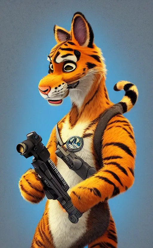 Prompt: “portrait of tiger in the style of the movie zootopia holding a laser gun, with a dark background behind him”