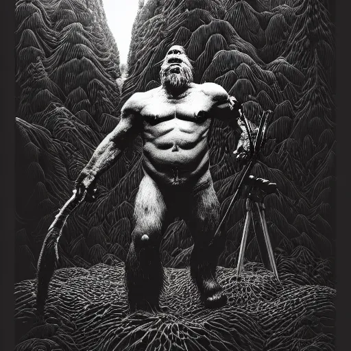 Image similar to cinematic portrait of a bigfoot, Intricate, desaturated, shepard fairey, Wayne Barlowe, Bruce Pennington, donato giancola, larry elmore, maxfield parrish, Moebius, Thomas Ehretsmann, screen print, gouache painting, masterpiece, trending on artstation, cinematic composition, dramatic pose, volumetric lighting, sharp, details, hyper-detailed, HD, 4K, 8K