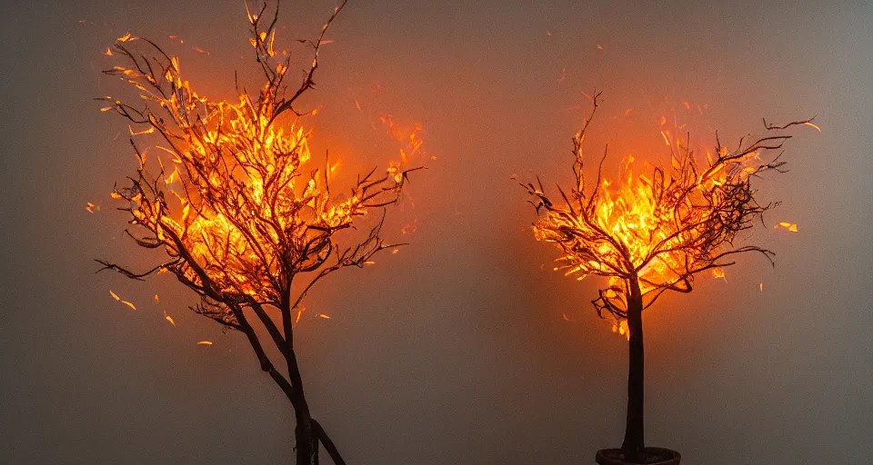 Prompt: high quality studio photography of a burning bush, solid background