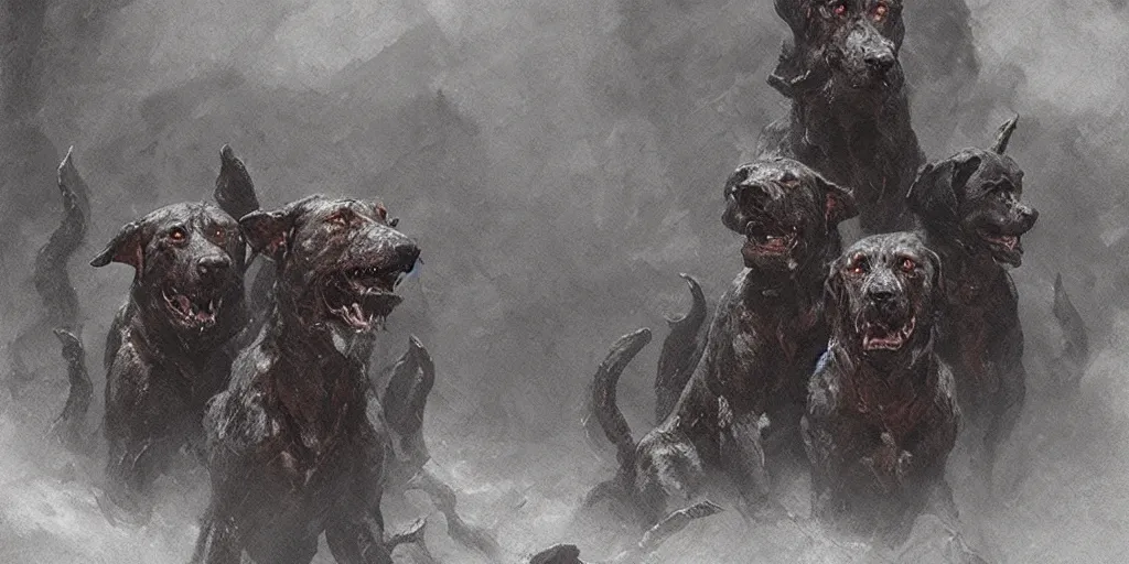 Image similar to cerberus the three headed hound at the gates of hell, greg rutkowski, 8 k, shallow depth of field, moody lighting, ultra high detail, concept art,