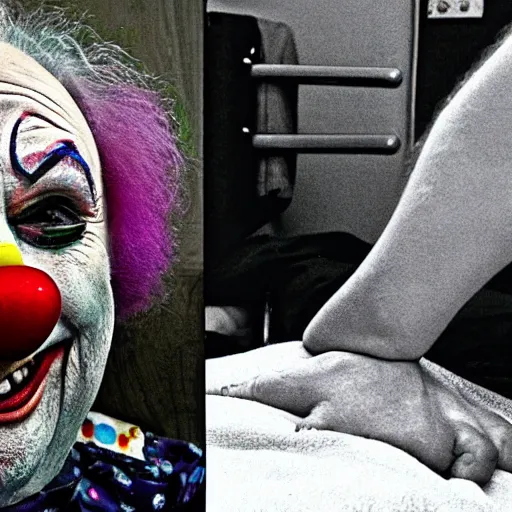 Image similar to elderly clown with violent restraints connected to hospital bed