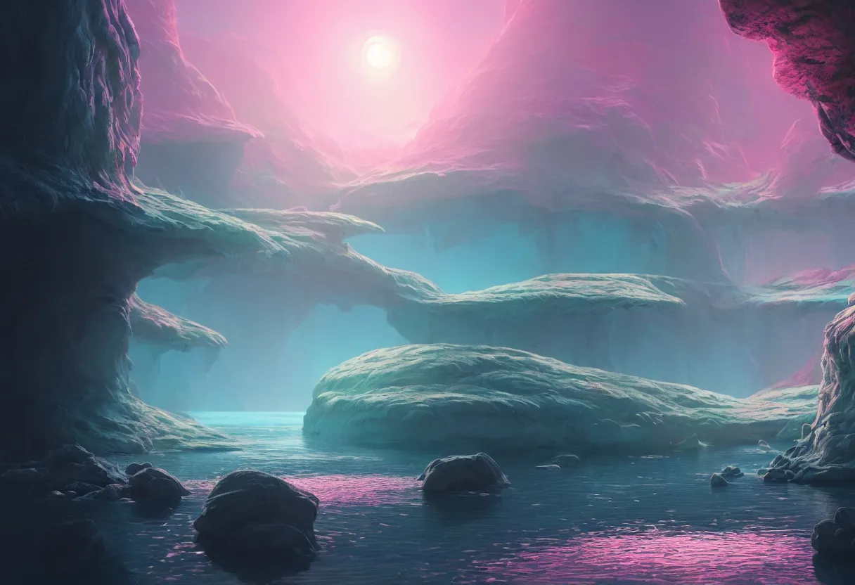 Prompt: inside of alien river summer pastel colored landscape of human mind and imagination, matte painting, beautiful render, octane render, concept art