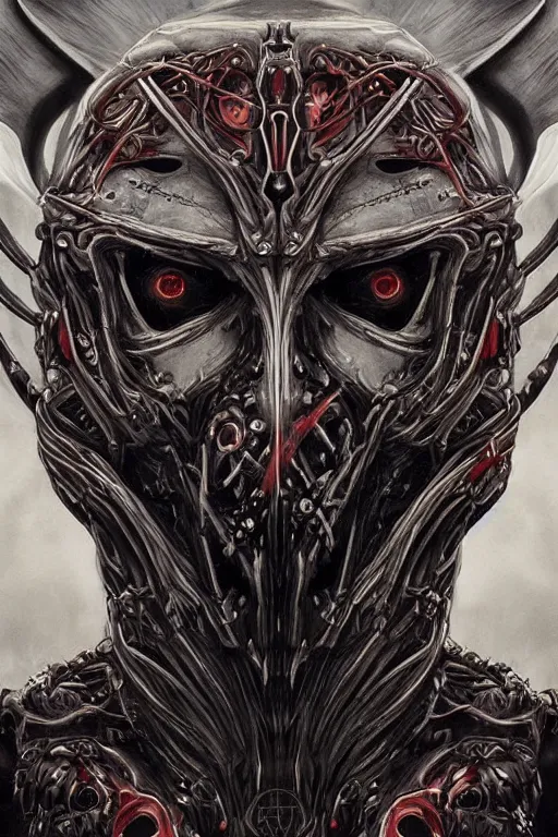 Image similar to Elden Ring and Star Wars themed painting of majestic crimson biomechanical satanic infernal demon human hybrid beautiful undead angel symmetrical angry mask closeup face angry mask closeup tattoo pattern golden ratio concept, Neo-Gothic concept, infinity glyph waves, intricate artwork masterpiece, very coherent artwork, cinematic, full frontal facial features by Artgerm, art by H.R. Giger, Takato Yamamoto, Zdizslaw Beksinski, Johnatan Wayshak, Moebius, Ayami Kojima, very anatomically coherent artwork, trending on cgsociety, ultra high quality model, production quality cinema model, high detail chromatic ink outline, octane render, unreal engine 8k, hyper realism, high detail, octane render, unreal engine, 8k, High contrast