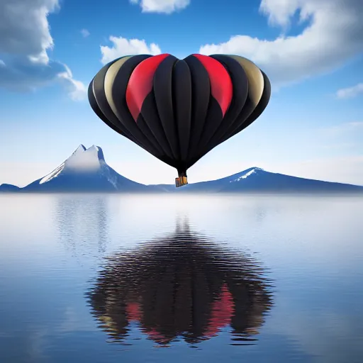 Image similar to photo of two black swans swimming in a beautiful reflective mountain lake, touching heads, forming a heart with their necks, a hot air balloon flying above the swans , granular detail, hot air balloon, intricate, portrait, 8k highly professionally detailed, HDR, CGsociety, octane render, 4k, f32,55mm photography, wide angle