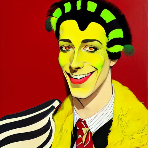 Image similar to art by joshua middleton, a close up portrait of the golden creeper, a tall manically smiling yellow - skinned man with green and black striped cycling shorts and wearing a long red and black striped ostrich feather boa, yellow makeup, mucha, kandinsky, poster, art deco motifs, comic art, stylised design, scarlet feather boa