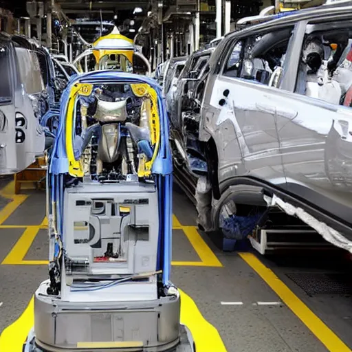 Prompt: a robot has killed a worker at a vw plant in germany