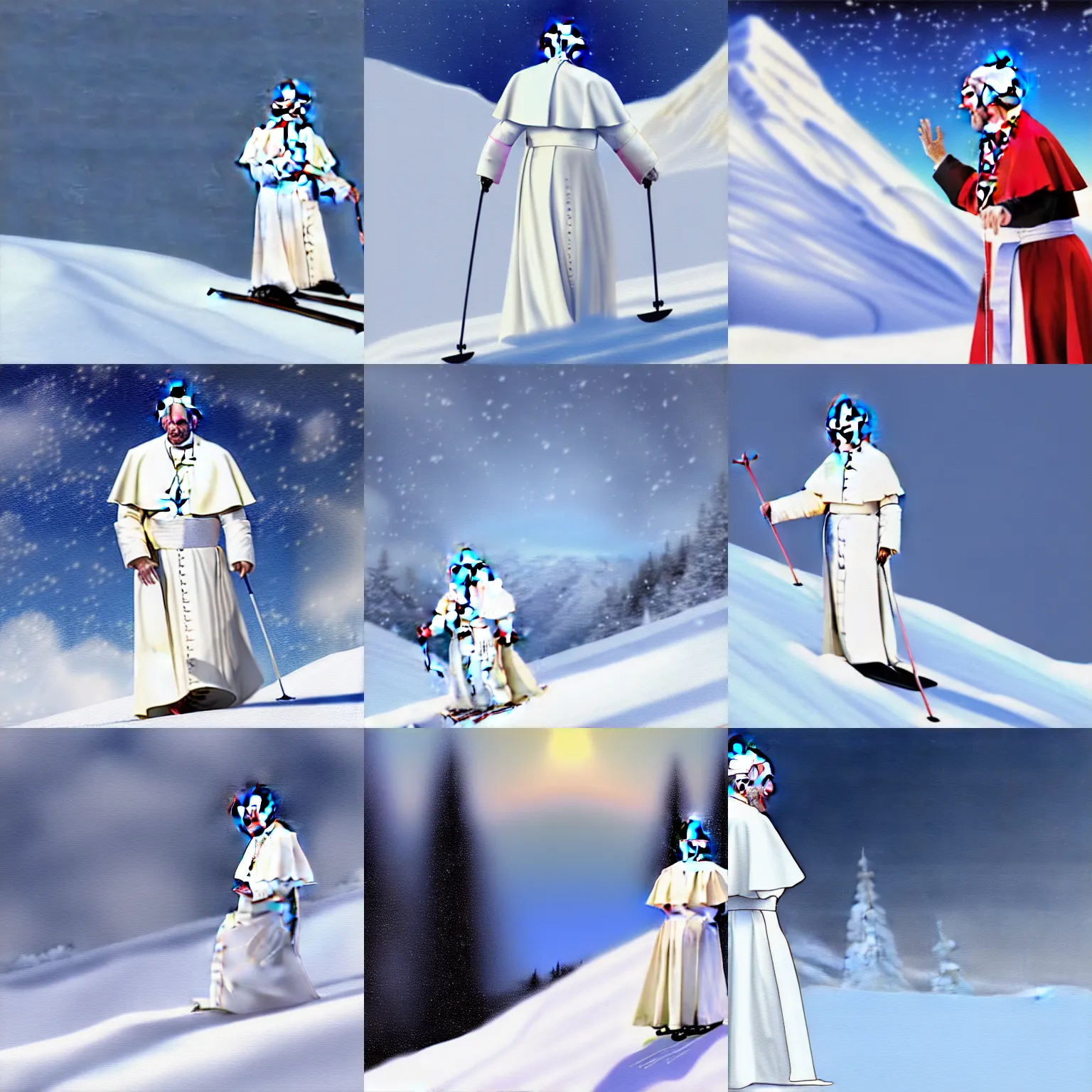 Prompt: pope in long white dress skiing on a snowy mountain slope, digital painting, concept art, matte painting