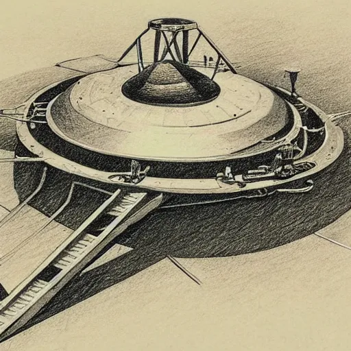 Image similar to vintage, detailed, pencil sketch of sci - fi ufo construction, all parts, with full descriptions, on old parchment