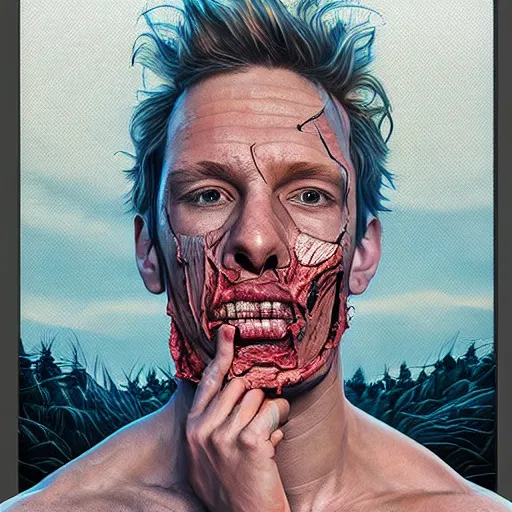 Prompt: portrait artwork of man tearing the skin from his face to reveal lizard skin. Artwork by Dan Mumford, realistic cinematic lighting, ultra detailed, hyper realism