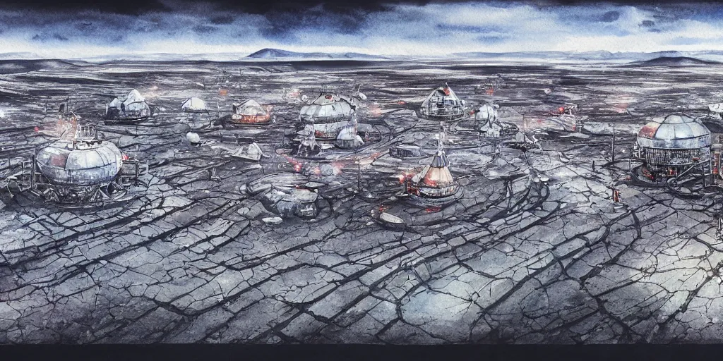 Prompt: norilsk russian town, sci fi, lunar soil, city on the moon, a detailed image of a future norilsk base, minimal masterpiece watercolor painting, trending on artstation