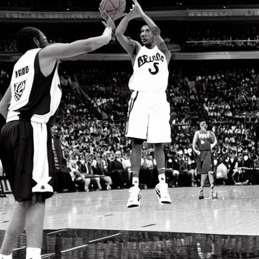 Image similar to an very old black and white grainy picture of allen iverson shooting a basketball