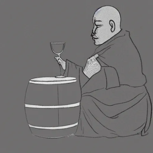 Image similar to minimalist sketch of a monk drinking wine next to a barrel