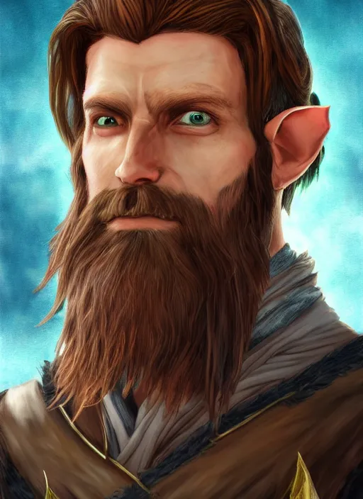 Image similar to A fantasy comic book style portrait painting of an arrogant half elf ranger, shaggy brown hair, scruffy beard, scar on face, blue tunic, unreal 5, DAZ, hyperrealistic, octane render, cosplay, RPG portrait, dynamic lighting
