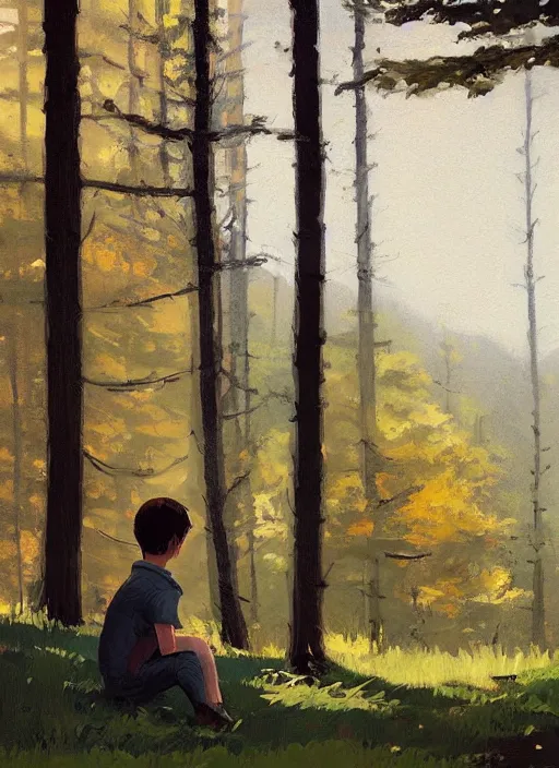 Image similar to impressionistic painting of a boy sitting on a hill in the woods, concept art by atey ghailan, featured on artstation, plein air, official art, 2 d game art, artstation hd, painterly