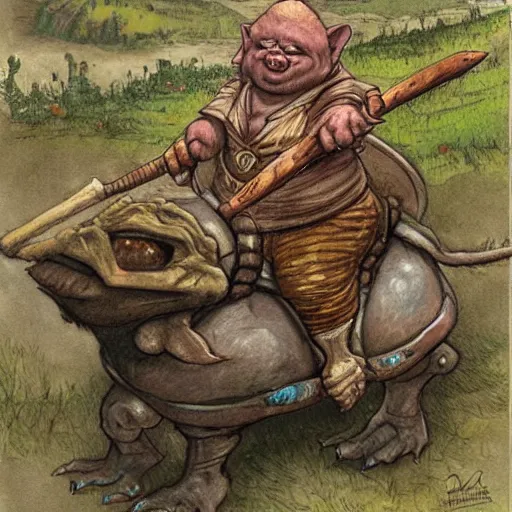 Prompt: painting of corpulent goblin riding in a slapdash wooden cart holding a lance, fantasy art, magic : the gathering art, by diterlizzi