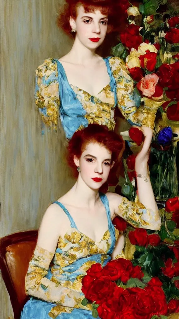 Image similar to portrait of young julee cruise in detailed golden sleeve balloon dress beside a pot of red roses, a persian blue detailed curtain in back painted by john singer sargent