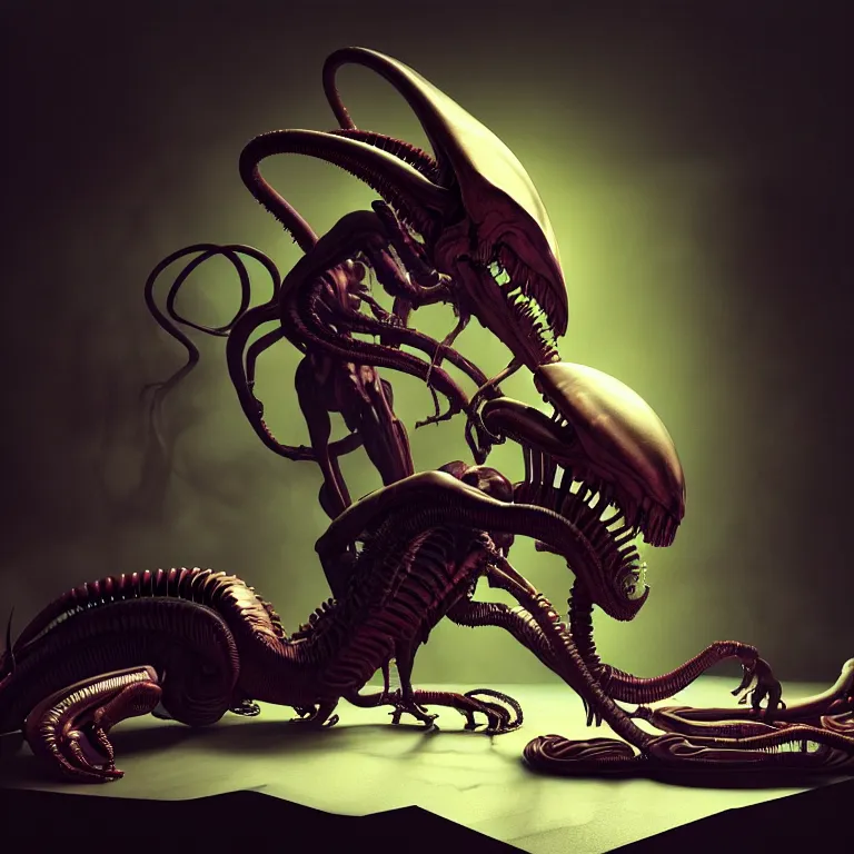 Image similar to still life of xenomorph, wide shot, soft glow bloom lucid dream - like ethereal atmosphere, baroque portrait painting, perfect composition, beautiful intricate detailed octane render trending on artstation, 8 k artistic photography, volumetric cinematic perfect light, chiaroscuro, masterpiece, raphael, caravaggio, rutkowski, beeple, beksinski