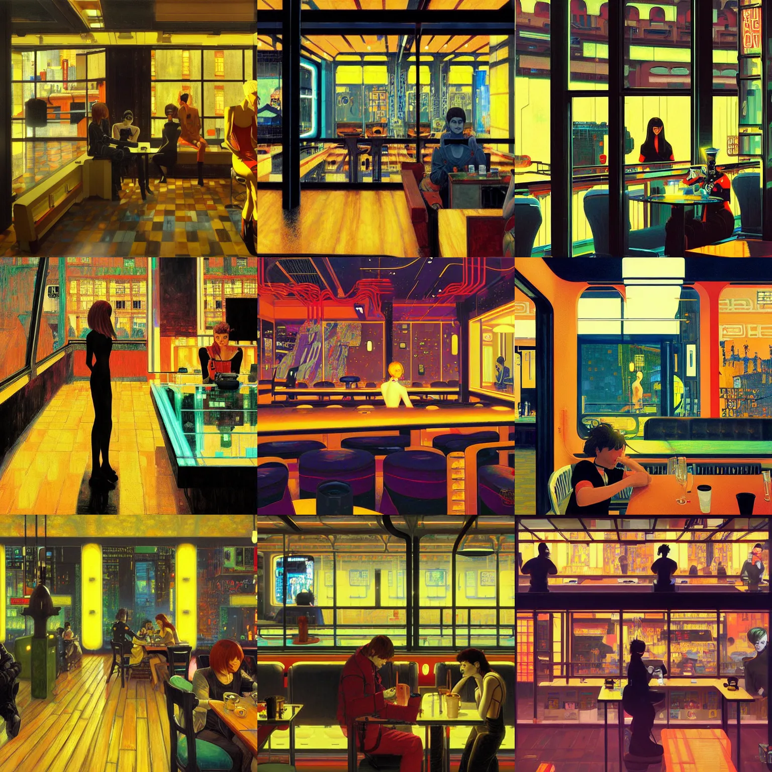 Prompt: A cyberpunk cafe painted by Ilya Kuvshinov and Gustav Klimt and Edward Hopper