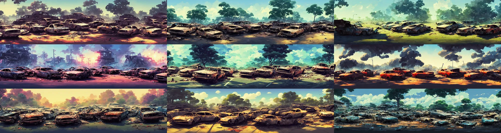 Prompt: a wholesome animation key shot of a destroyed cars on side of the road, panorama, studio ghibli, pixar and disney animation, sharp, rendered in gouache painting, anime gouache key art by greg rutkowski, bloom, dramatic, dynamic lighting