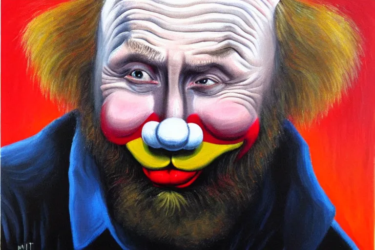 Image similar to putin as a clean-shaven sad hobo clown. head shot portrait. oil painting by emmett kelly.