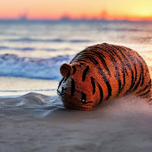 Image similar to a closeup photorealistic photograph of a cute smiling knitted tiger hippopotamus chasing a beachball at sunset. surf in the background. professional capture. this 4 k hd image is trending on artstation, featured on behance, well - rendered, extra crisp, features intricate detail, epic composition and the style of unreal engine.