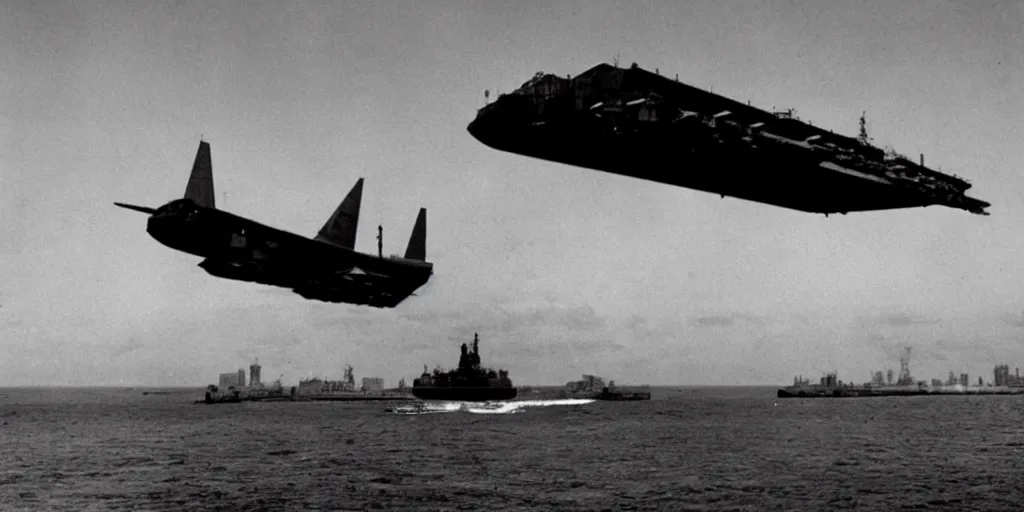 Prompt: a black monolith floats in the sky. aircraft carrier in background. 1 9 5 0, archive photo