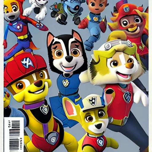 Prompt: paw patrol in marvel universe collaboration x-men, in comics, cartoon, nickelodeon tv