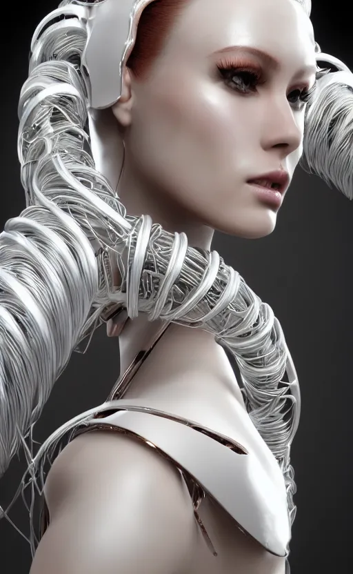 Image similar to white cyborg fashion shot, cyber copper wires and spirals hairdo, elegant baroque design, headshot half figure, photorealistic, unreal engine, trending on artstation,