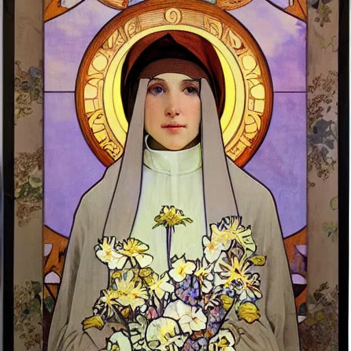 Prompt: a Masterpieces portrait of A nun covered in flowers radiates holy light in the church in the style of Alphonse Mucha,Realistic style,oil on canvas