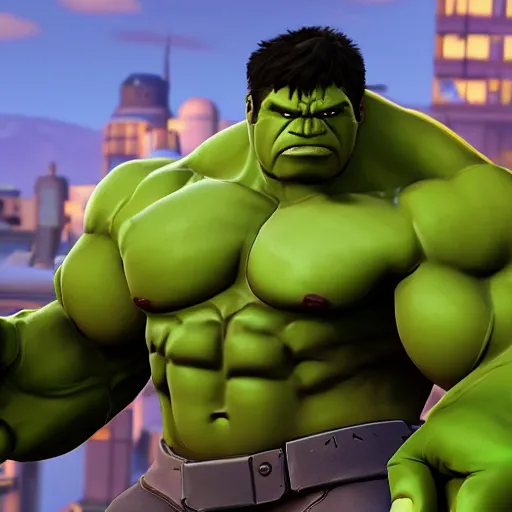 Prompt: The Hulk as a character in the game Overwatch, with a background based on the game Overwatch, detailed face, action shot