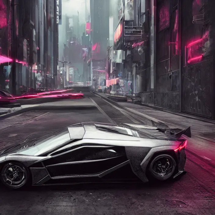 Image similar to dark cyberpunk car lamborgini counatch, in drak style cyberpunk city, by neill blomkamp director film, extreamly detailed, photorealism, photography, raytracing, 8 k, octane render, hyperrealism, perfect composition, art top in artstation, by chris labrooy, rendered in rtx, ssao, fxaa, unreal engine