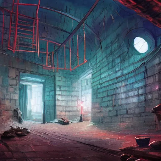 Image similar to a chinese prison at night lit by the stars, wispy smoke, highly detailed, very intricate, symmetrical, cinematic lighting, award - winning, painted by mandy jurgens, peter doig, dystopian, bold colors, dark vibes, anime aesthetic, featured on artstation