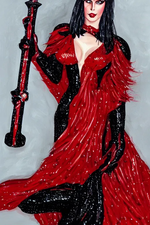 Image similar to Lord Licorice in a red and black sequins gown holding a peppermint sword, painting by Artgerm