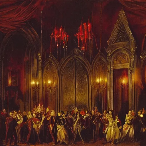 Image similar to vampires fighting in a party in the interior of gothic dark castle, red pool fountain, louis xv furniture, torch lighting
