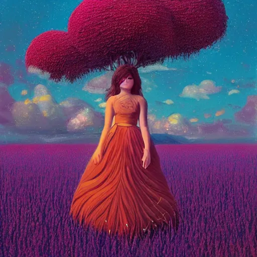Image similar to girl with singular giant flower as a face, surreal photography, dream, dress flowing into flower field, hills, big trees, sunrise dramatic light, impressionist painting, colorful clouds, digital painting, pointillism, artstation, simon stalenhag