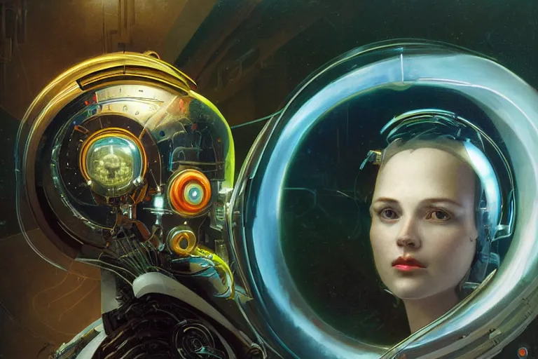 Prompt: portrait of a biomechanical head inside a retro space helmet, vintage transistors, neon, tron, white metal, iridescent visor, smooth, sharp focus, art by Greg Rutkowski and Alphonse Mucha,