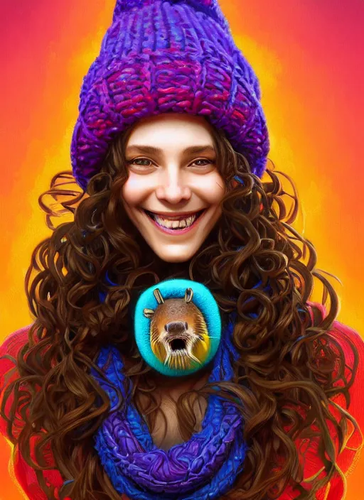 Image similar to symmetry!! portrait of smiling beaver!! big teeth! wearing a colorful beanie!, scarf!, long curly hair intricate, elegant, highly detailed, digital painting, artstation, concept art, smooth, sharp focus, illustration, art by artgerm and greg rutkowski and alphonse mucha, 8 k