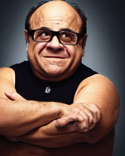 Image similar to portrait of danny devito as a professional wrestler. photographic, photography