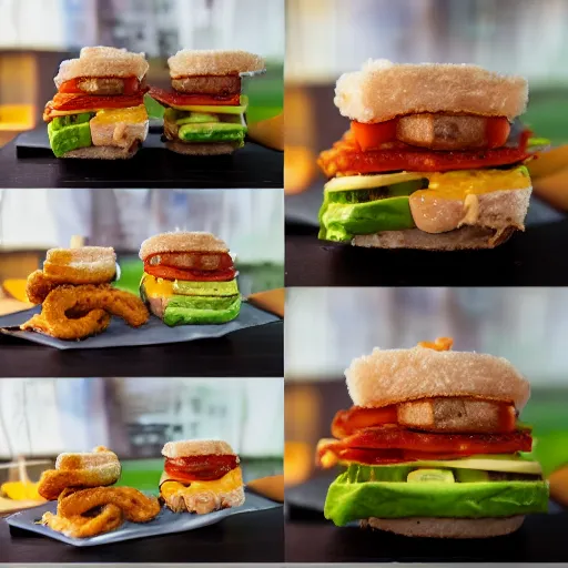 Image similar to one sandwich with fried tofu, one red tomato slice, mayonnaise, one fried onion ring, avocado, melted cheddar, over a red dish that is on a table, with a sunset and rainbow in the background with saturn and stars in the sky