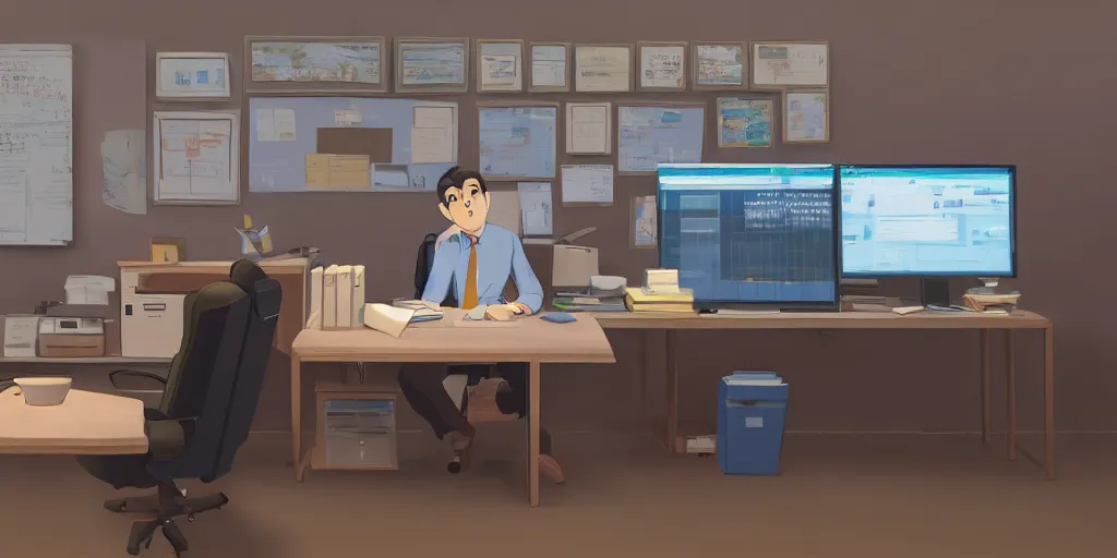 Prompt: a wholesome animation key shot of tired office worker looking at his computer in a 9 0's style of office, medium shot, waist up, studio ghibli, pixar and disney animation, sharp, rendered in unreal engine 5, anime key art by greg rutkowski, unreal engine 5, bloom, dramatic lighting