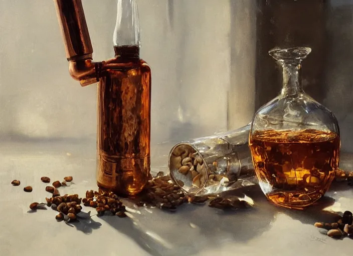 Image similar to oil painting of beautiful copper still, distillation, barley grains, plants and whiskey bottle, art by anders zorn, wonderful masterpiece by greg rutkowski, beautiful cinematic light, american romanticism by greg manchess, creation by tyler edlin