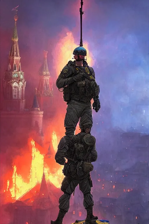 Image similar to special forces soldier with ukrainian blue and yellow flag watching red square burn, masculine figure, d & d, fantasy, bright atmosphere, volumetric lights, intricate, elegant, extremely detailed, digital painting, artstation, concept art, matte, smooth, sharp focus, hyper realistic, illustration, art by artgerm and greg rutkowski and alphonse mucha