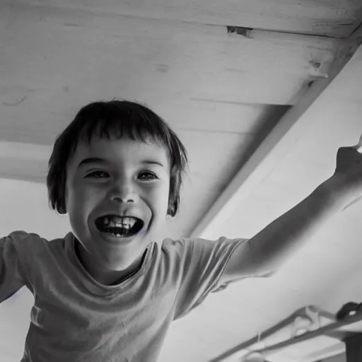 Image similar to an old photograph of a child on the ceiling with a wide grin and spider legs