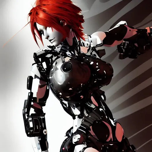 Image similar to yoji shinkawa render of redhead cyborg with curvy figure, glitches, concept art