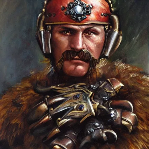 Image similar to a russian warrior who is wearing iron gauntlets in the shape of bear claws in the style of warhammer fantasy : : head and shoulders oil painting