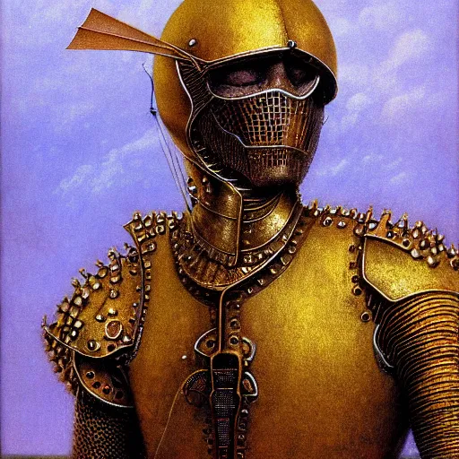 Image similar to portrait of powerful mighty noble knight in golden armour. He has golden hairs. Painting by Beksinski