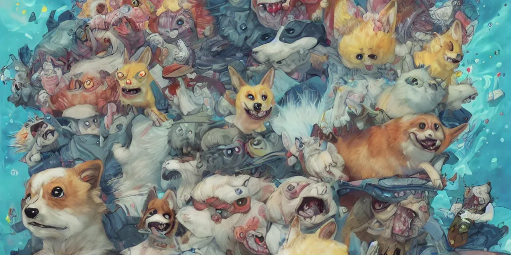 Prompt: mutated corgi monsters fighting the scientists that tested on him, by Anna Dittmann and Hikari Shimoda , trending on Artstation, 8k, masterpiece, graffiti, hiphop