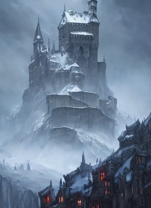 Prompt: a painting of a castlevania, dishonored 2 style castle in the middle of a snowy mountain, a detailed matte painting by andreas rocha and greg rutkowski, featured on artstation, fantasy art, matte drawing, matte painting, artstation hq